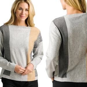 Zyia Zanzibar Sweater Pullover Wool Blend Colorblock Stripe Animal Print Gray XL